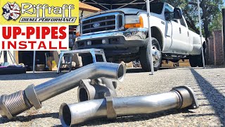 2001 F350 73  RiffRaff UpPipes Install  Stock up pipes leaking and falling apart JUNK SP [upl. by Raouf]