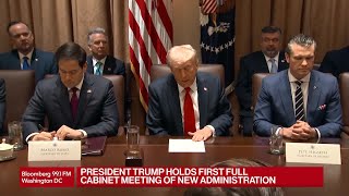 President Trump Holds First Cabinet Meeting With Elon Musk Attending Full Event [upl. by Constanta]